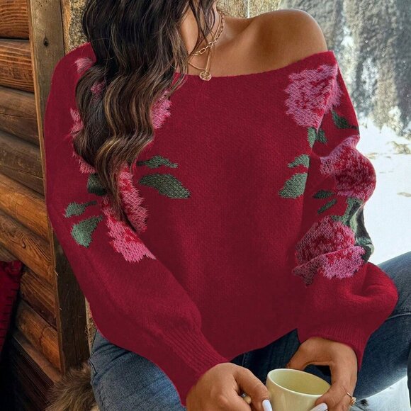 Multicolor Casual Women's Asymmetric Neckline Floral Print Long Sleeve Sweater - Picture 1 of 7